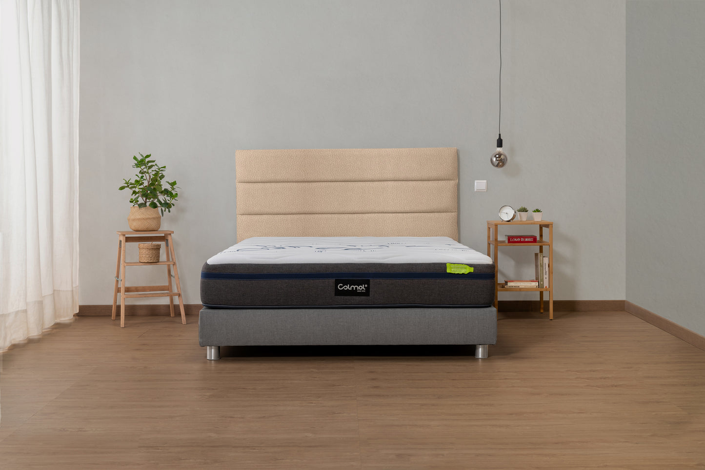cabeceira riscas bege cama